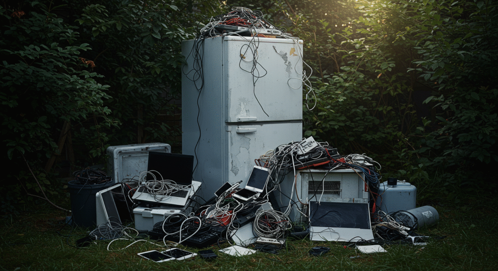 Pátio de casa com diversos eletrônicos descartados, incluindo celulares, laptops, cabos e uma geladeira velha, representando o lixo eletrônico doméstico.