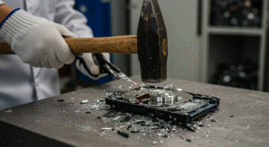 Disco rígido sendo destruído para garantir a destruição segura de dados sensíveis antes da reciclagem eletrônica.