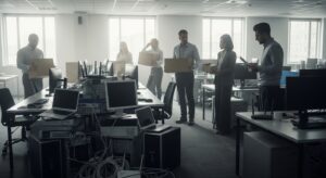 Funcionários em um escritório fechado cercados por equipamentos eletrônicos inutilizados, sem saber como descartar corretamente o lixo eletrônico e os dados sensíveis.