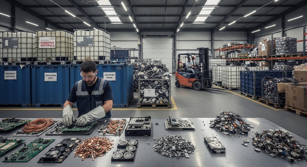 Trabalhador com EPIs separando componentes eletrônicos em centro de reciclagem industrial organizado