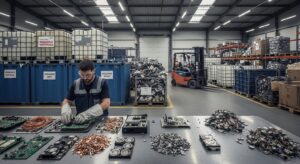Trabalhador com EPIs separando componentes eletrônicos em centro de reciclagem industrial organizado