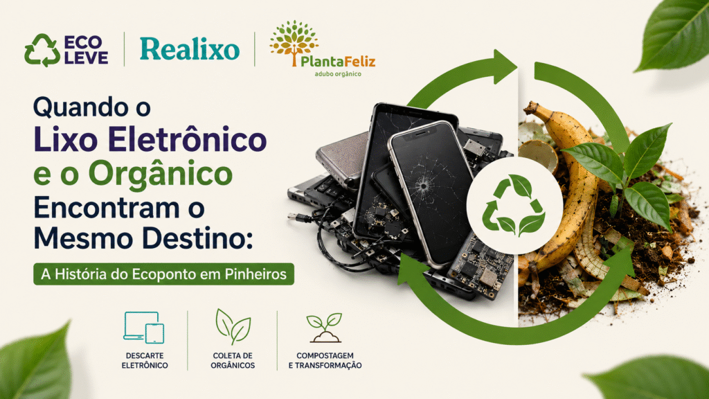Arte minimalista em formato 16:9 mostrando lixo eletrônico e resíduos orgânicos conectados por símbolos de reciclagem sustentável, com logos da Ecoleve, Realixo e Planta Feliz e o título sobre o Ecoponto de Pinheiros.